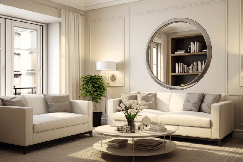 Круглое зеркало над диваном